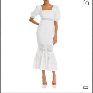 White OPT dress, ankle length, flair bottom dress bubble Sleeves, size Small